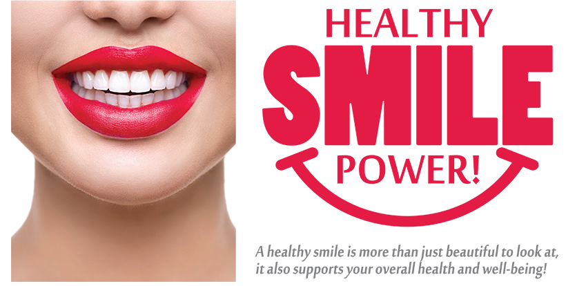 The image features a close-up of a person s face with red lipstick, and there is text overlay that reads  HEALTHY SMILE POWER  in large white letters.